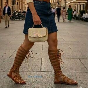 Free People Tall Gladiator Sandals Tan Suede Lace-Up Knee High Boho 8 NWB